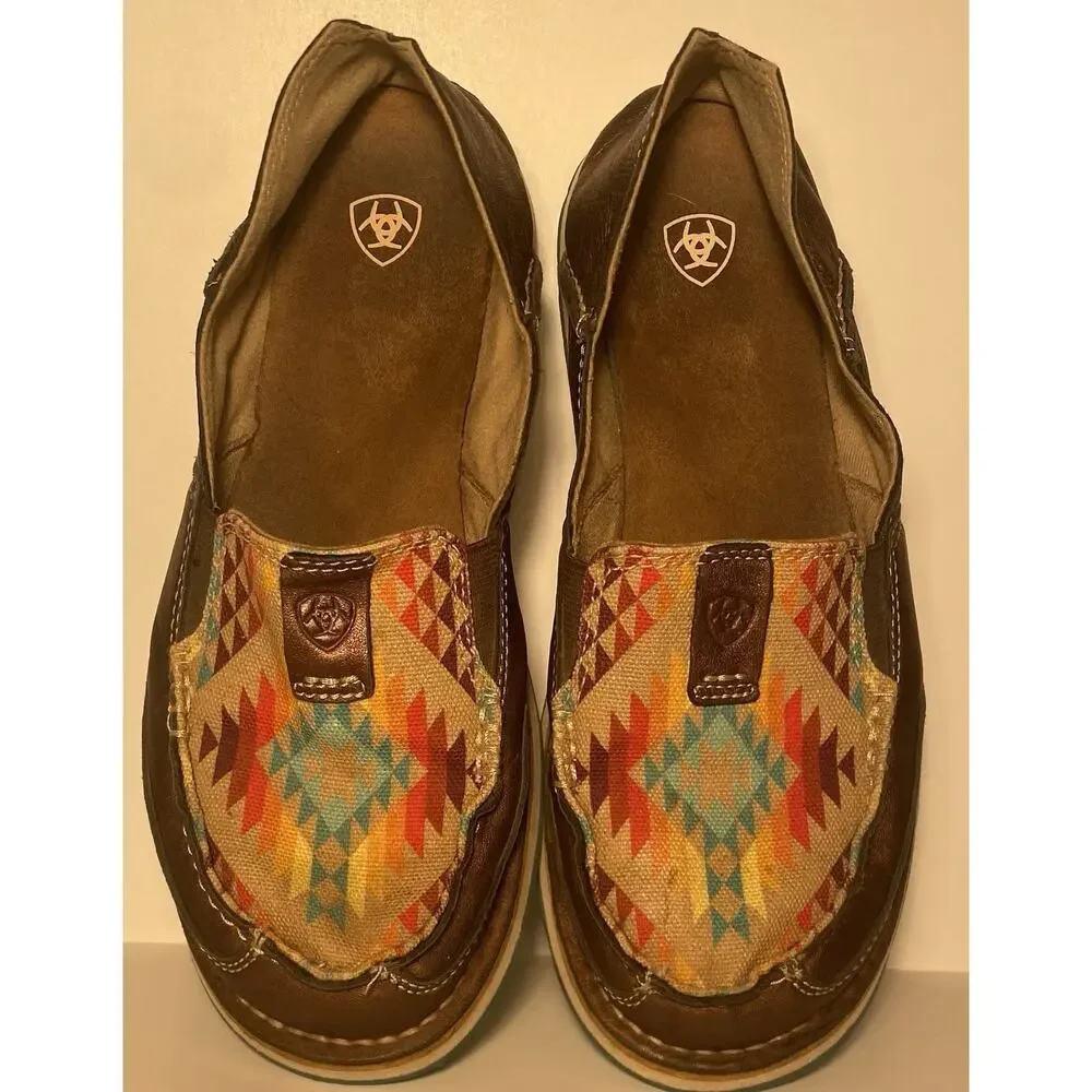 Ariat Women's Brown Leather Slip-On Flats Southwestern Geometric Round Toe